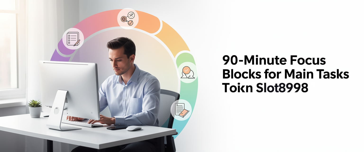 Ilustrasi blok fokus 90 menit untuk tugas utama untuk Slot898 dengan tema metode slot waktu 8-9-8 untuk membagi pagi, fokus utama, dan penutup hari.